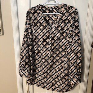 TALBOTS LONG-SLEEVE TUNIC TOP, BLACK, WHITE, PINK PATTERN, 2X; NEVER WORN
